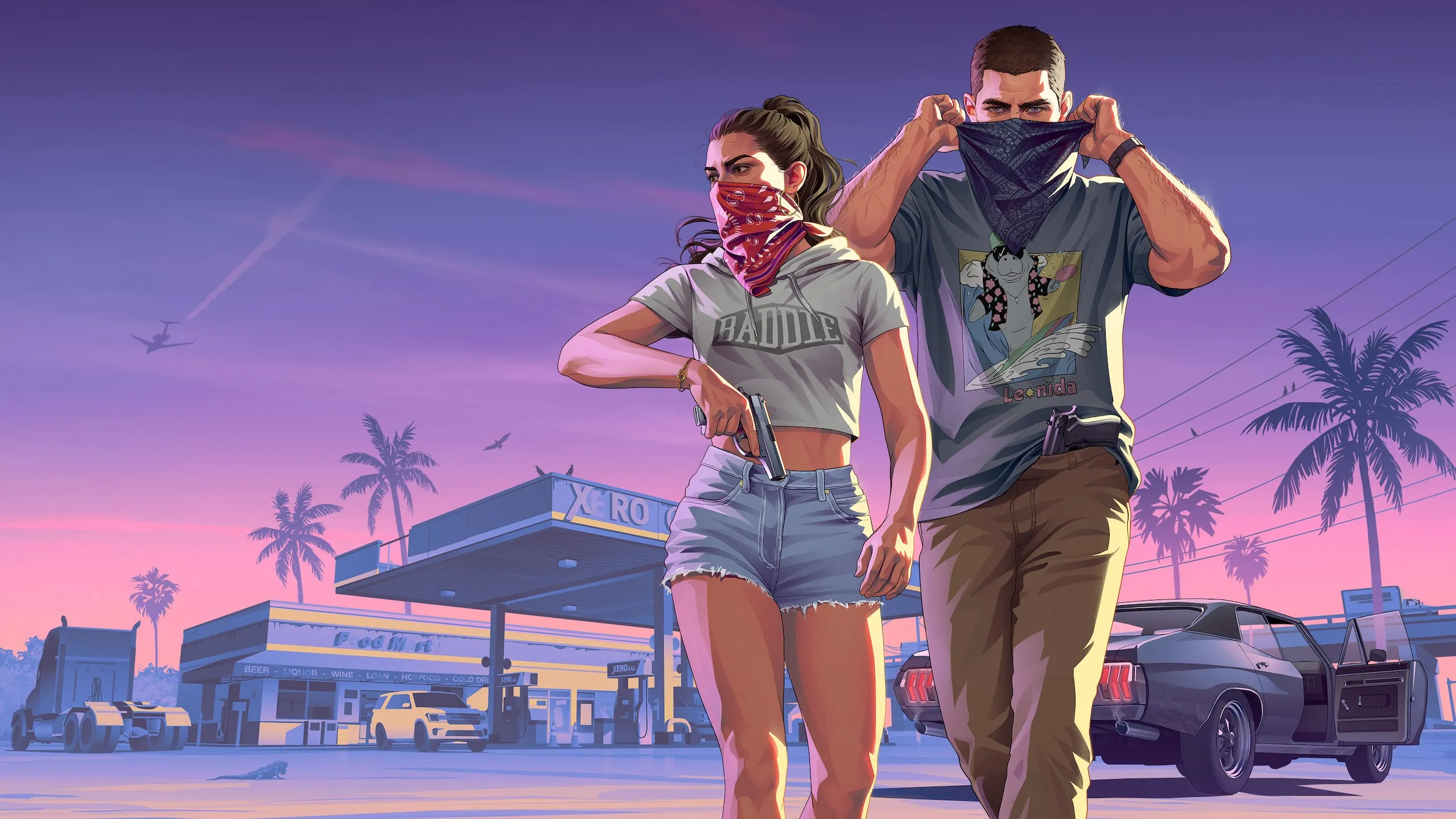 Jason and Lucia outside a Leonida gas station in official artwork from Rockstar Games
