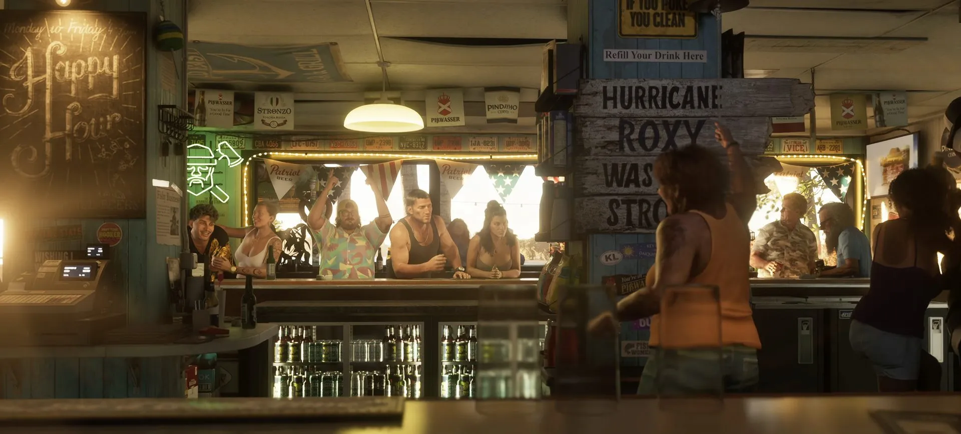 A bar counter with Happy Hour neon and a Hurricane Roxy sign