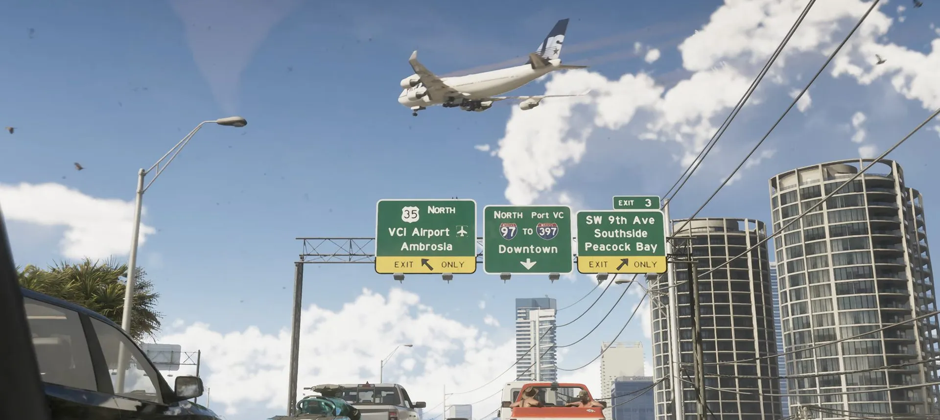 Highway signs naming VCI Airport, Ambrosia, Downtown and Southside