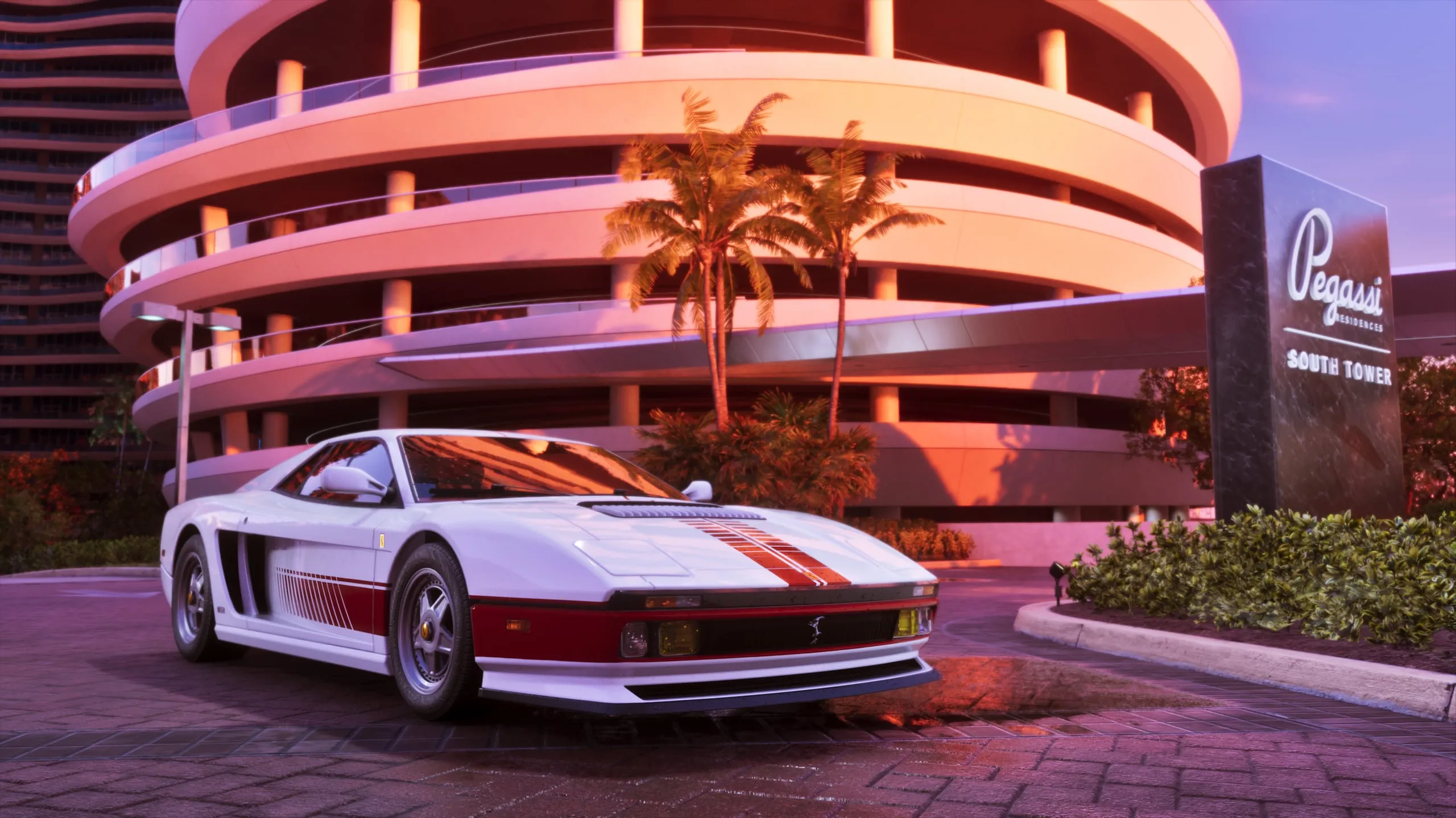 Белый Grotti Cheetah 1995 года у спиральной парковки Pegassi Residences